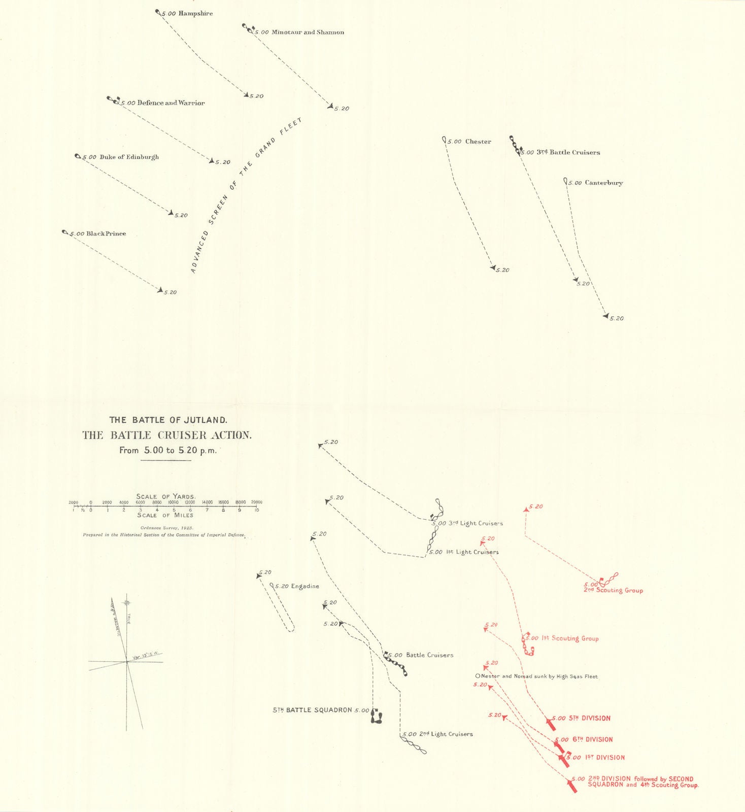 Battle of Jutland. Battle Cruiser Action 5.00-5.20 pm 31 May 1916. WW1. 1923 map